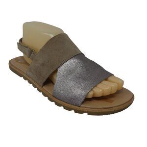 Sorel Ella II Brown Metallic Silver Suede Leather Open Toe Slingback Flat Sandal